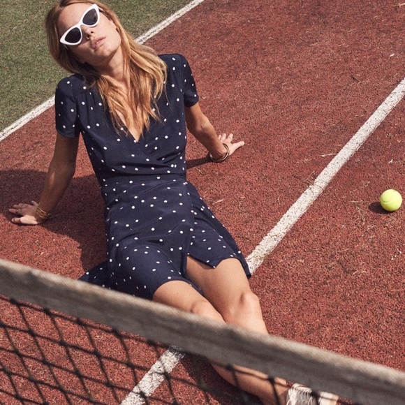 Sezane Silk Wrap Dress Navy Pea  Mini NWT - Picture 4 of 9